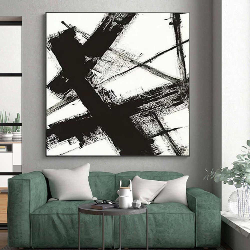 “Monochrome Cross Strokes” - Black, White Abstract Minimalist Painting On Canvas PS0716