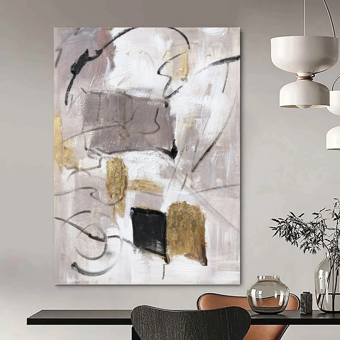 “Grey - Gold Abstract Forms” - Minimalist Abstract Painting On Canvas PT1285