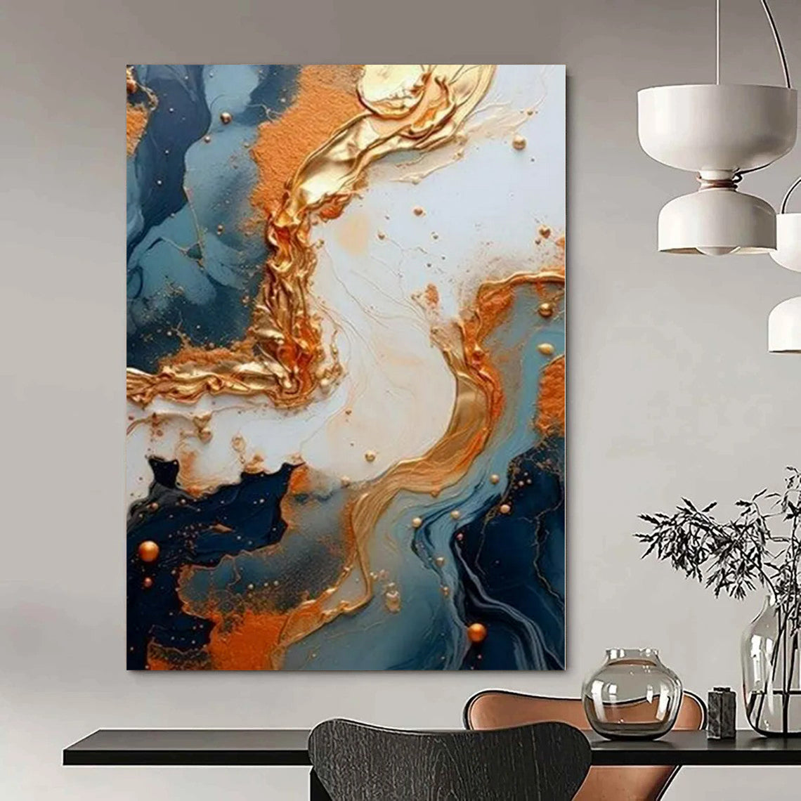 Blue and Gold Fluid Art - Swirling Metallic Patterns Painting On Canvas PS1216
