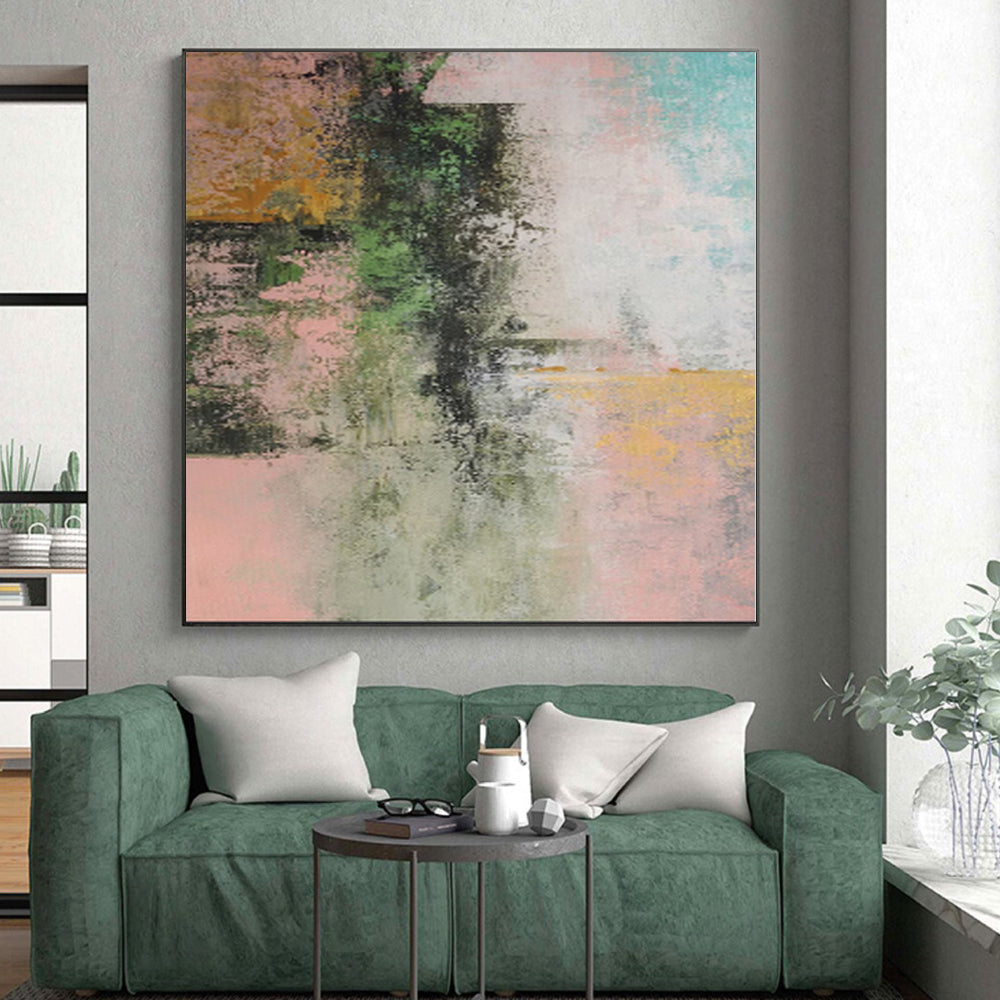 “Pink - Green Abstract Fusion” - Nature - Hued Abstract Painting On Canvas PS0044