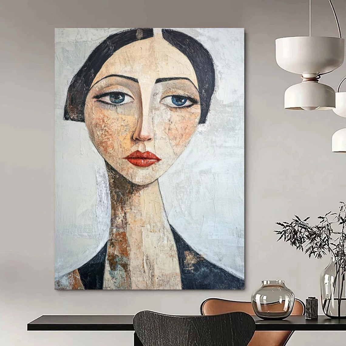 “Textured Portrait in Neutral Tones” - Mixed - Media Portrait Painting On Canvas PT2218