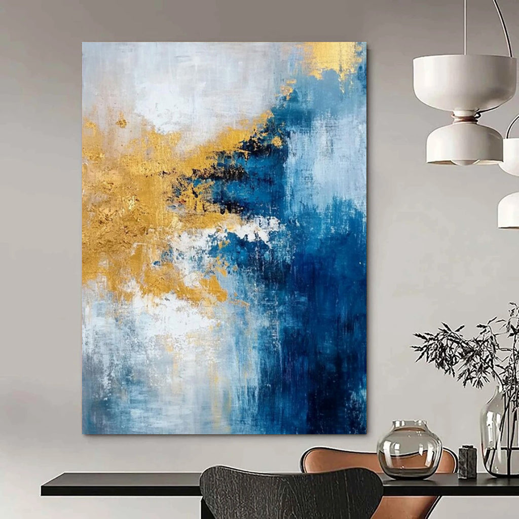 Blue, Gold, Gray, and White Bold, "Luminary Tide" – Abstract Seascape Painting On Canvas PS1009