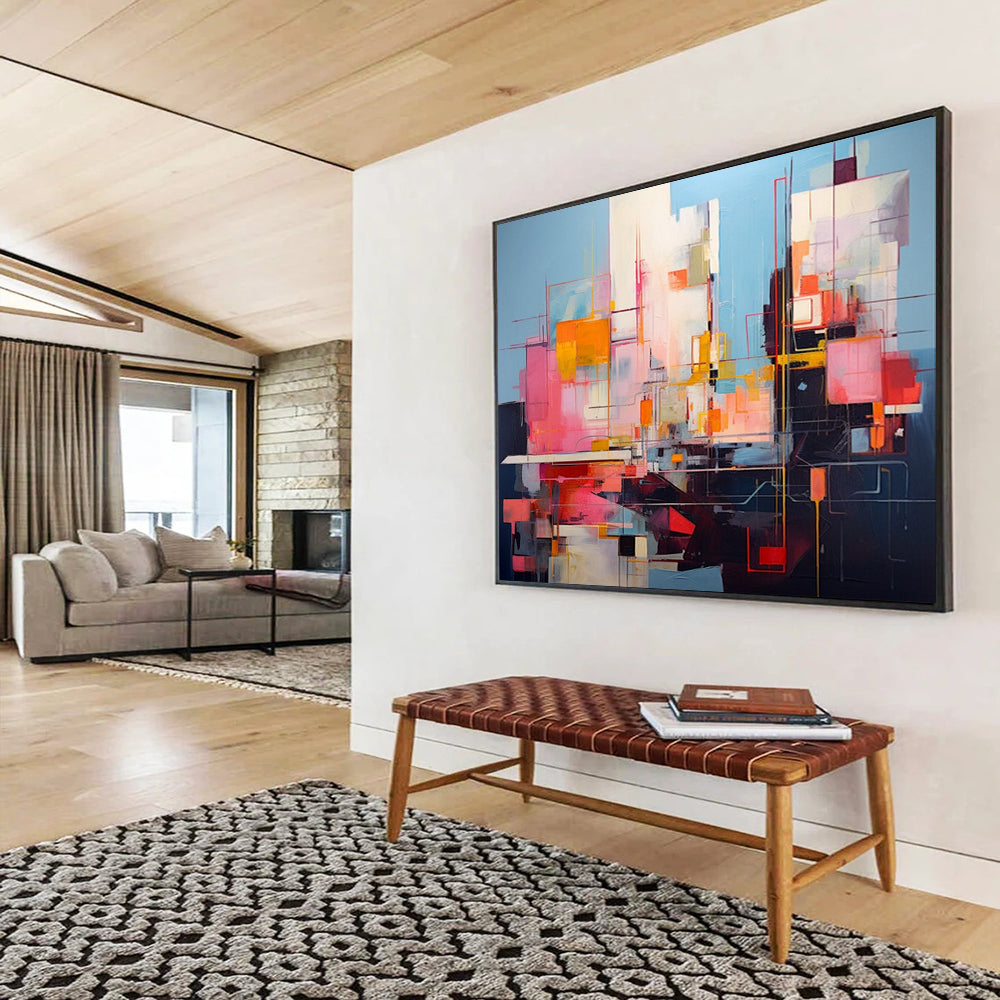 “Vibrant Geometric Abstract Cityscape in Pink, Blue & Colorful Lines” - Modern Cubist - Inspired Painting On Canvas PT020