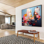 “Vibrant Geometric Abstract Cityscape in Pink, Blue & Colorful Lines” - Modern Cubist - Inspired Painting On Canvas PT020