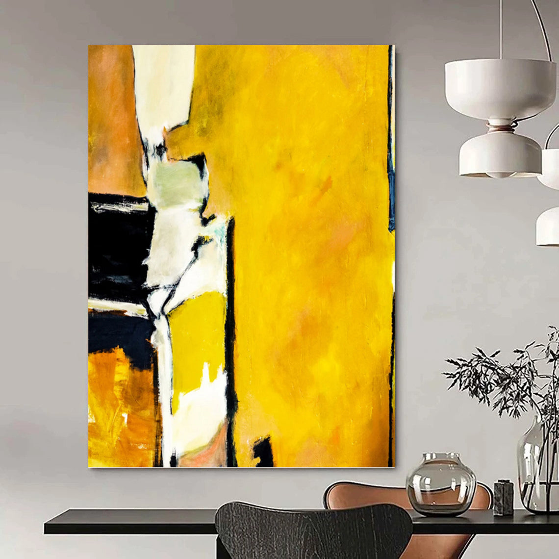 “Yellow - Black Abstract Forms” - Bold Abstract Painting On Canvas PT1101
