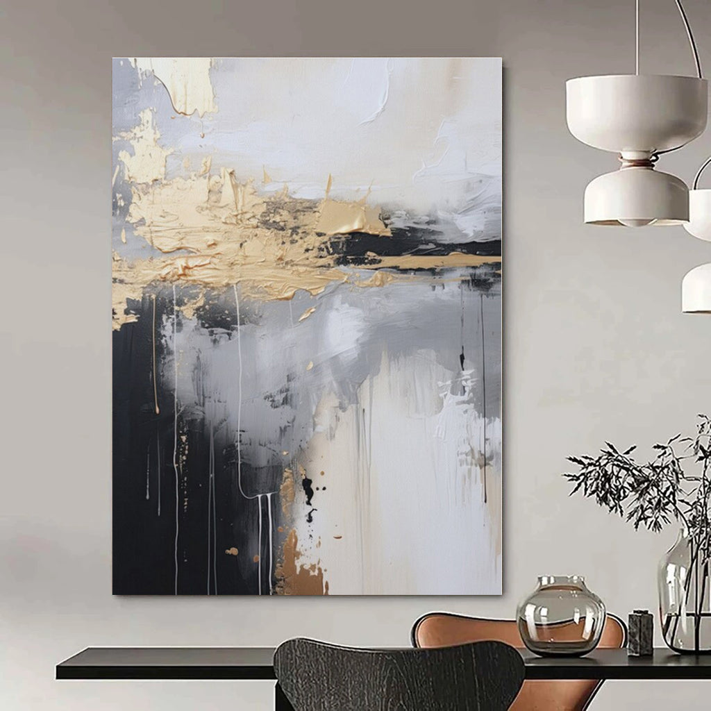 Gray, White, Gold with Dripping Textures "Urban Rain" Abstract Painting On Canvas PS1399