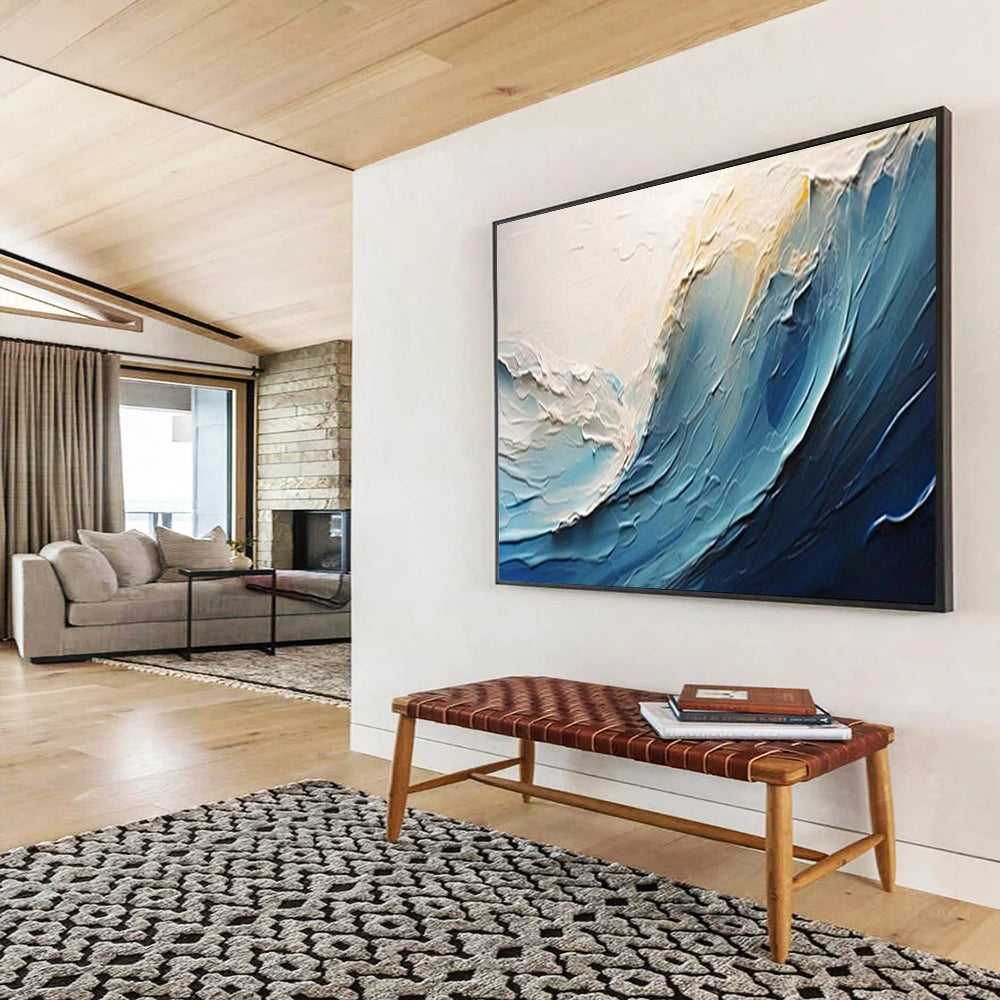 “Textured Blue - White Ocean Wave” - Impasto Seaside Painting On Canvas PT1558