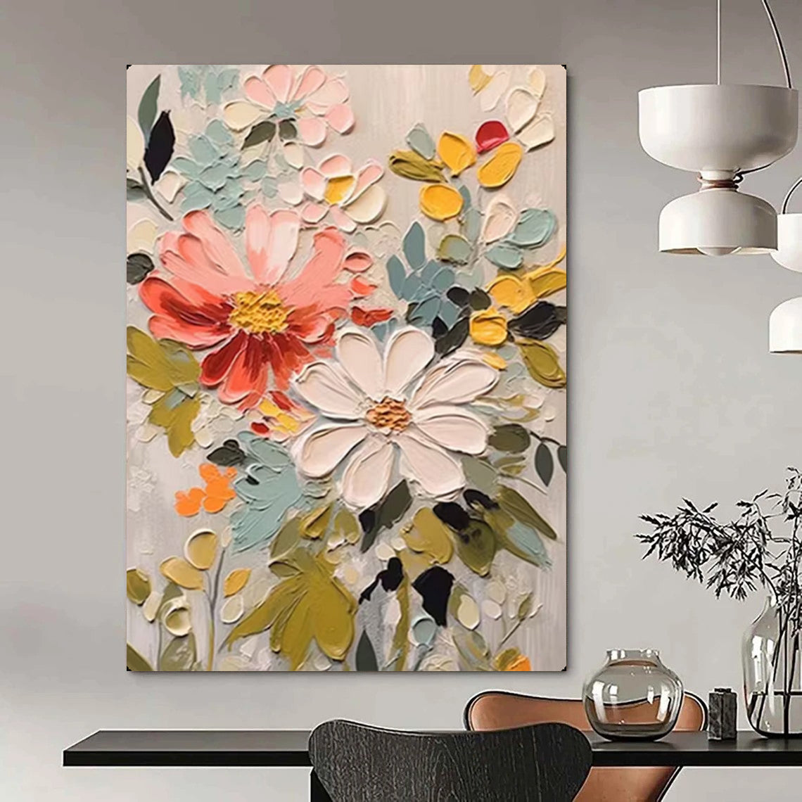 Impasto Floral Mix of Coral, White, Greens, Matisse - Inspired, Floral Painting On Canvas PT2128