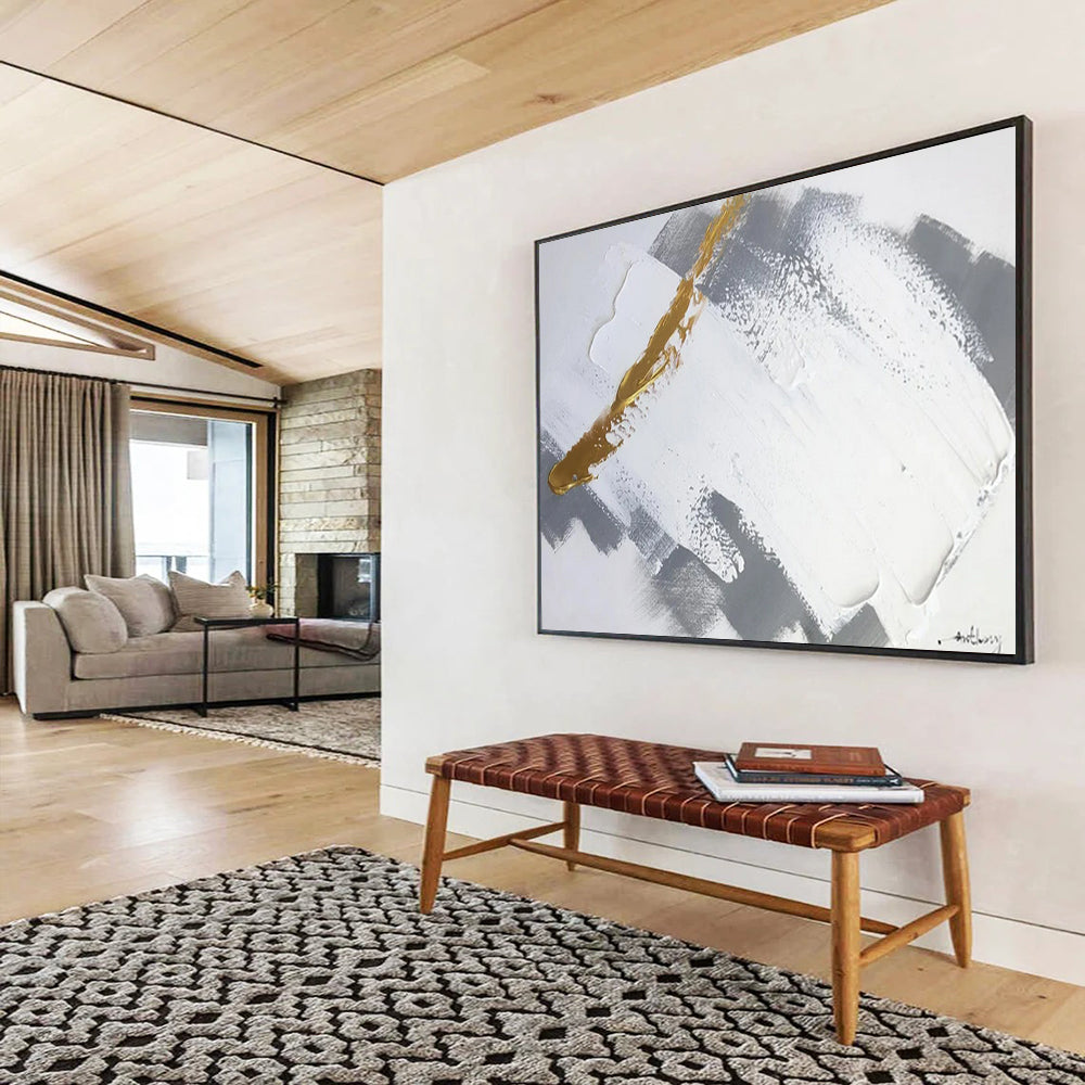 “Gold - Gray - White Geometric Abstract” - Golden - Gray Abstract Painting On Canvas PT1568