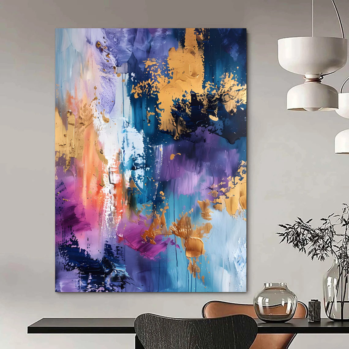 “Purple, Blue & Gold Abstract Splash” - Luxe Abstract Painting On Canvas DS282