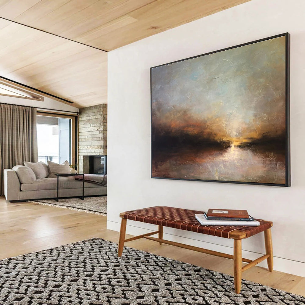 “Sunset River Glow” - Orange, Blue & Gold Landscape, Impressionistic Oil Painting On Canvas DKS774