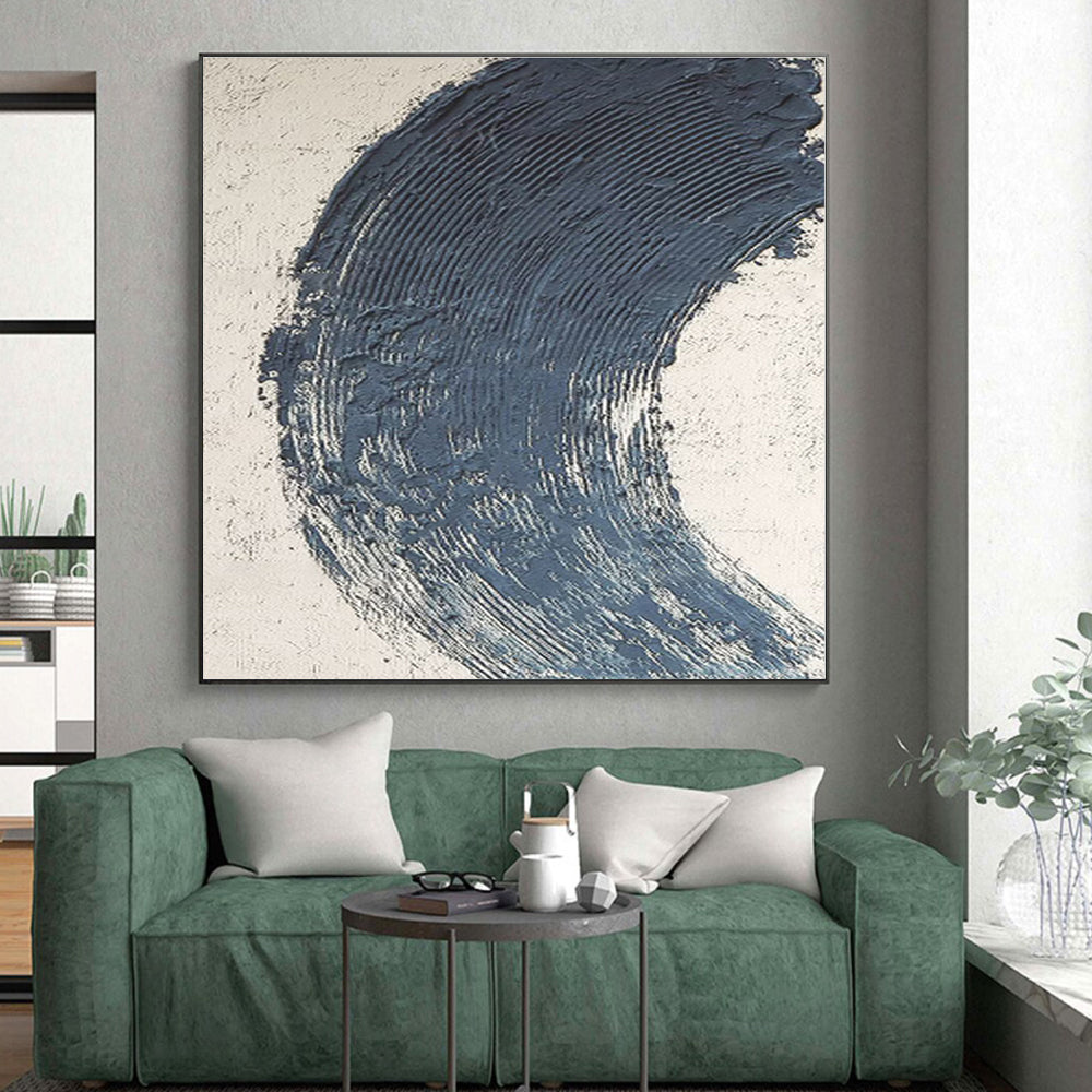 “Blue Curved Stroke on White” - Minimalist Abstract Painting On Canvas PS0426