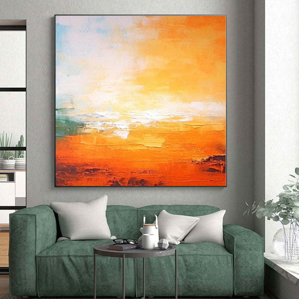 “Orange - Blue Abstract Sunset” - Orange, Blue, Green Abstract Painting On Canvas PS0447