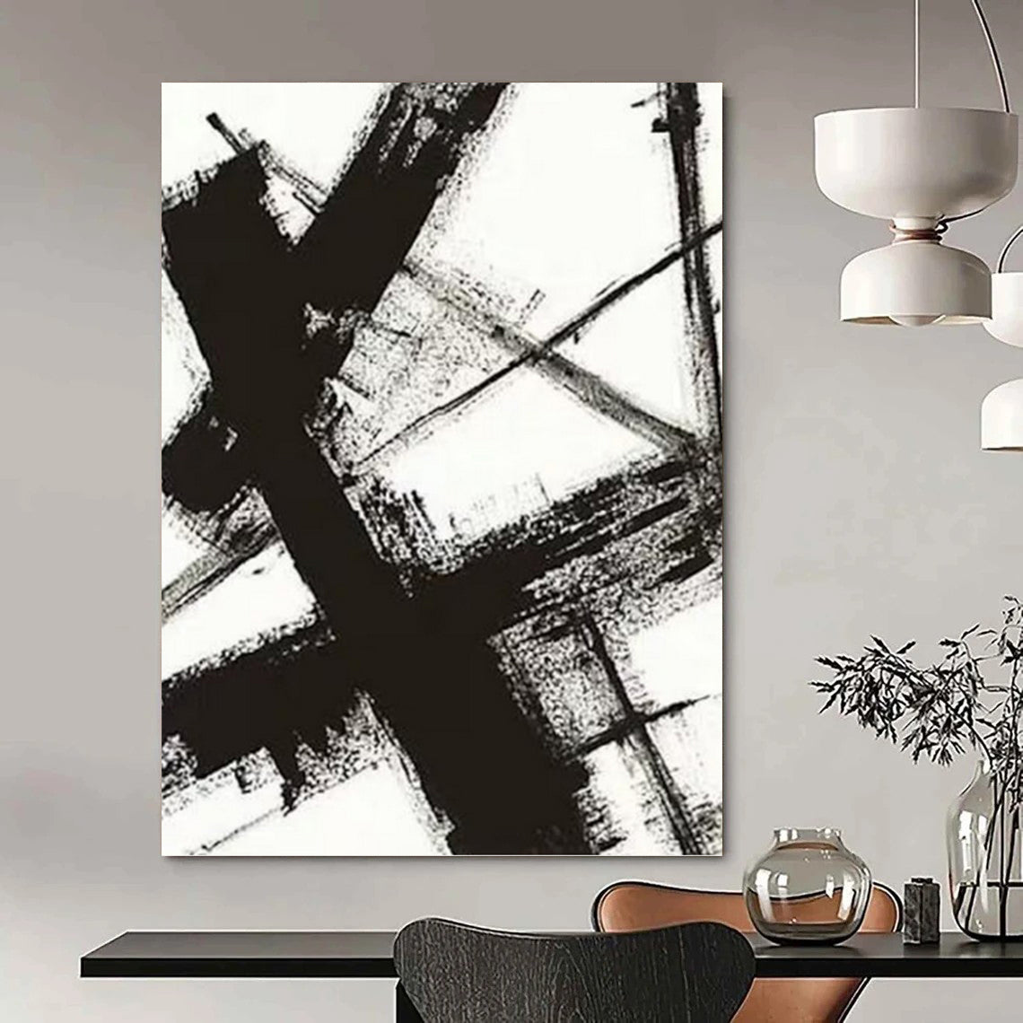 “Black and White Gestural Strokes” - Expressionist Abstract Painting On Canvas PT1028