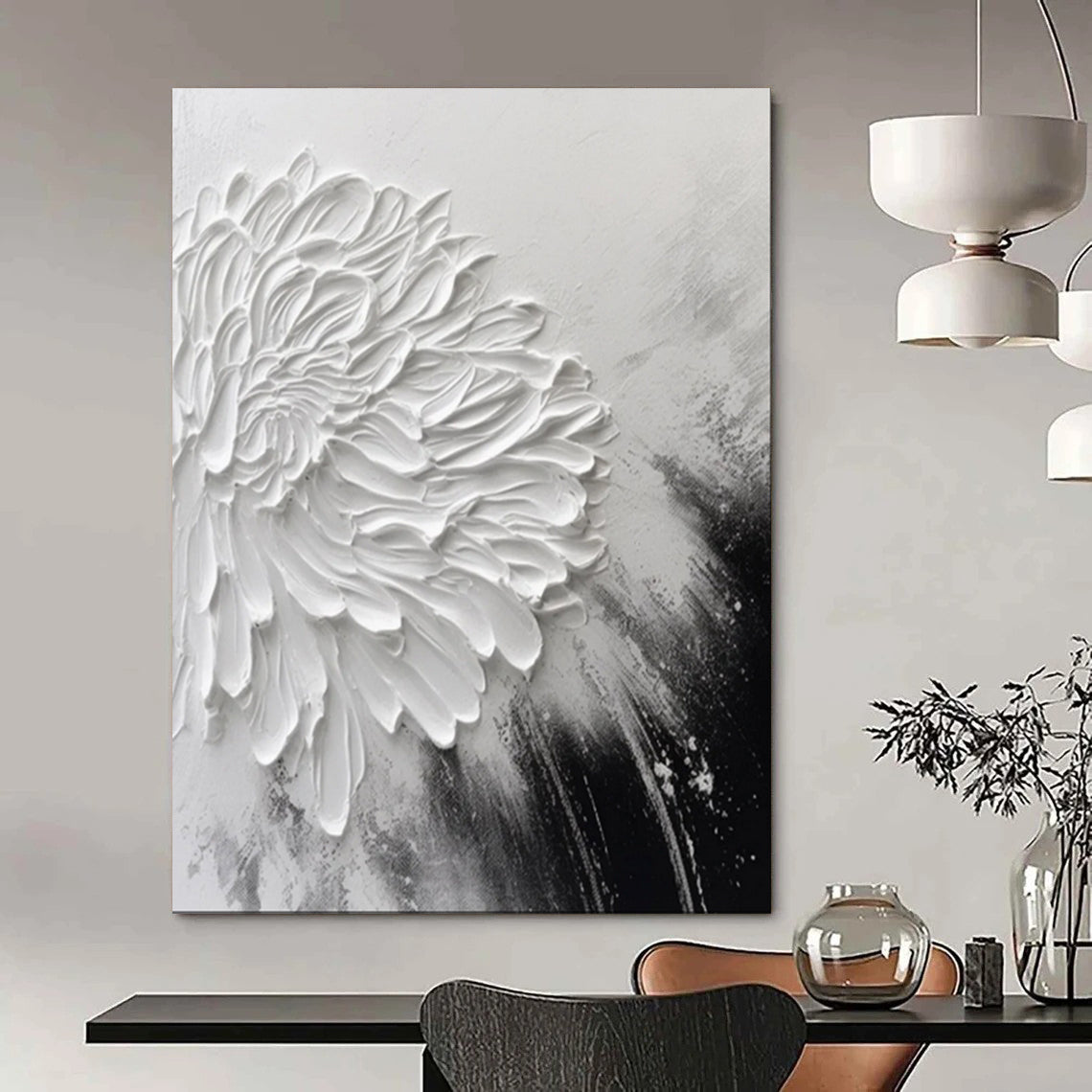 Sculpted White Flower, Minimalist Abstract, Kline - Inspired Simplicity, Painting On Canvas PT2105