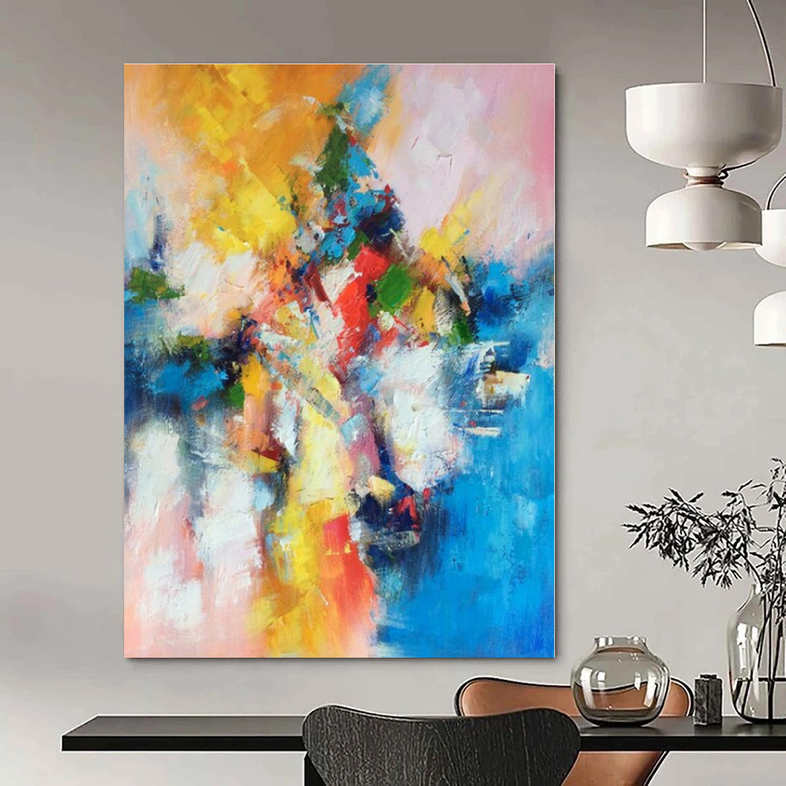 Yellow, Orange, Red, Green, Blue, Pink with Explosive Strokes "Festival Blaze" Abstract Painting On Canvas PS1393