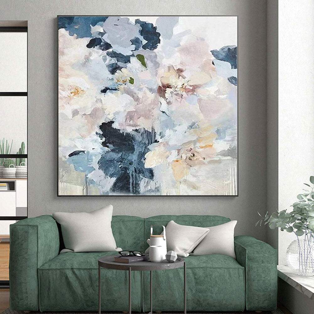 “Soft - Toned Floral Bouquet” - Blue, White, Pink Abstract Floral Painting On Canvas PS0585