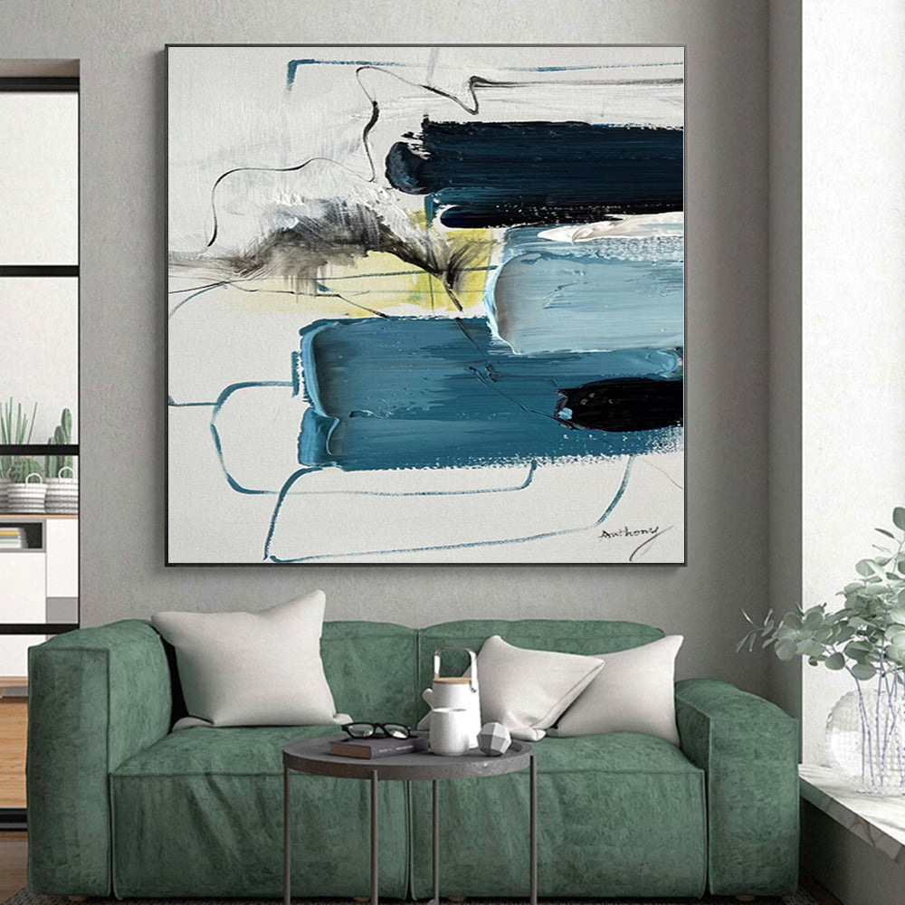“Blue - Gray Abstract Blocks” - Blue, Gray, Yellow Abstract Painting On Canvas PS0484