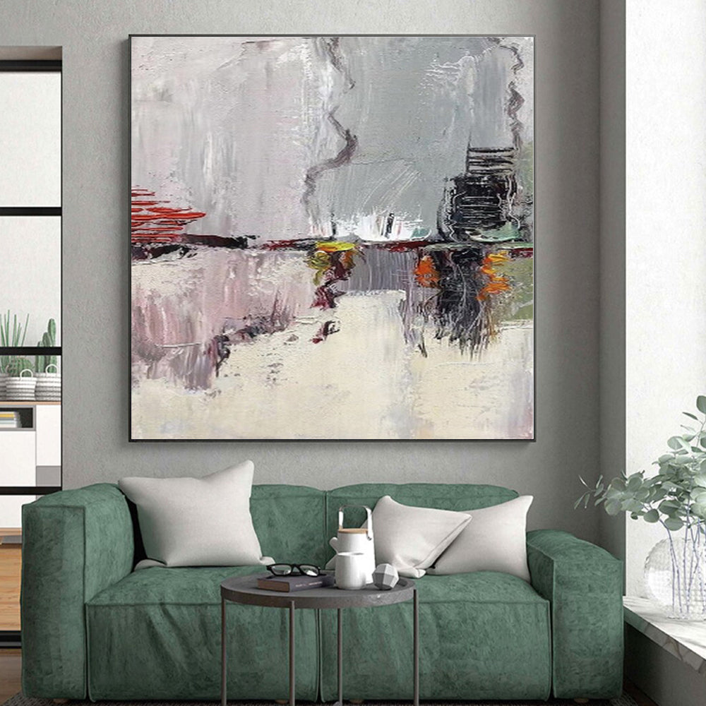 “Gray - Toned Abstract Scene” - Gray, Red, Yellow Abstract Landscape - Inspired Painting On Canvas PS0402