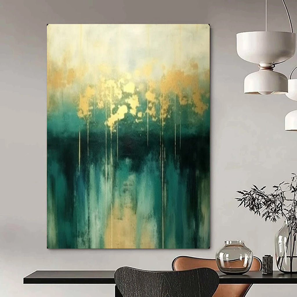 “Gold & Teal Abstract Drip” - Elegant Acrylic Painting On Canvas PT2168