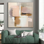 “Blush & Gold Abstract Squares” - Blush, Gold, Gray, White Abstract Geometric Painting On Canvas PS0759
