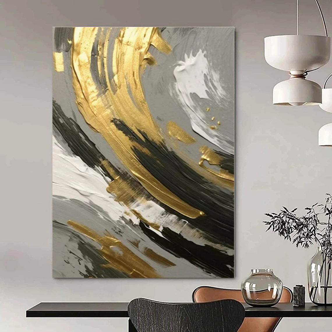 Gold, Black, and White Swirl Detail - Close - Up Textured Abstract Painting On Canvas PS1252