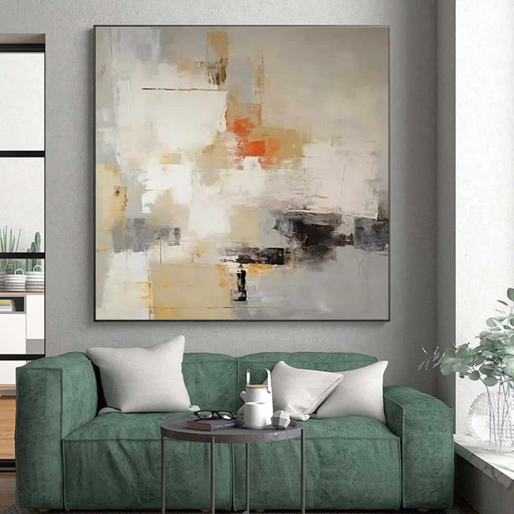 Beige, Gray, Orange & Black Abstract "Sunset Haze" Painting On Canvas PS0870