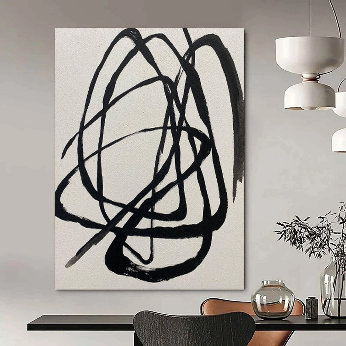 Black and White with Chaotic Curves "Dynamic Chaos" Abstract Painting On Canvas PS1116