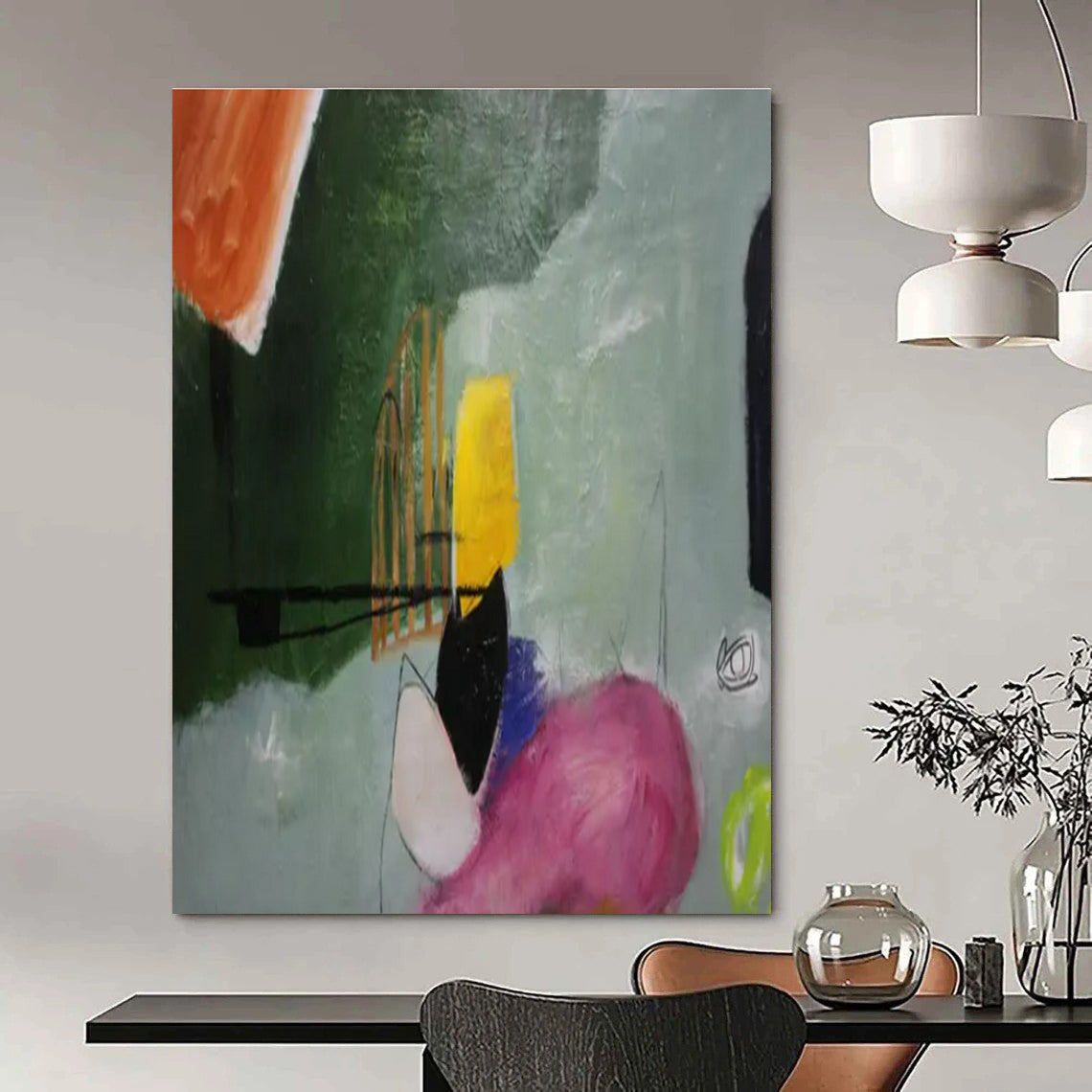 Green, Yellow, Pink, Purple with Playful Shapes "Whimsical Collage" Abstract Painting On Canvas PS1405