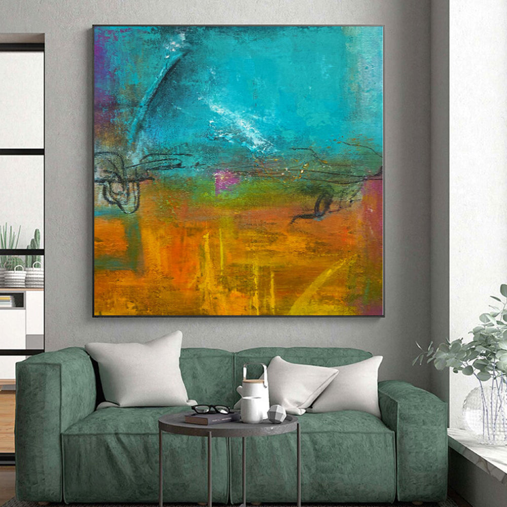“Turquoise - Orange Abstract” - Vibrant Abstract Painting On Canvas PS0059