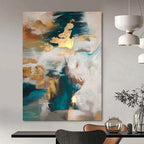 Teal, Gold, and White Abstract, "Dreamy Fusion" – Abstract Expressionist Painting On Canvas PS1002