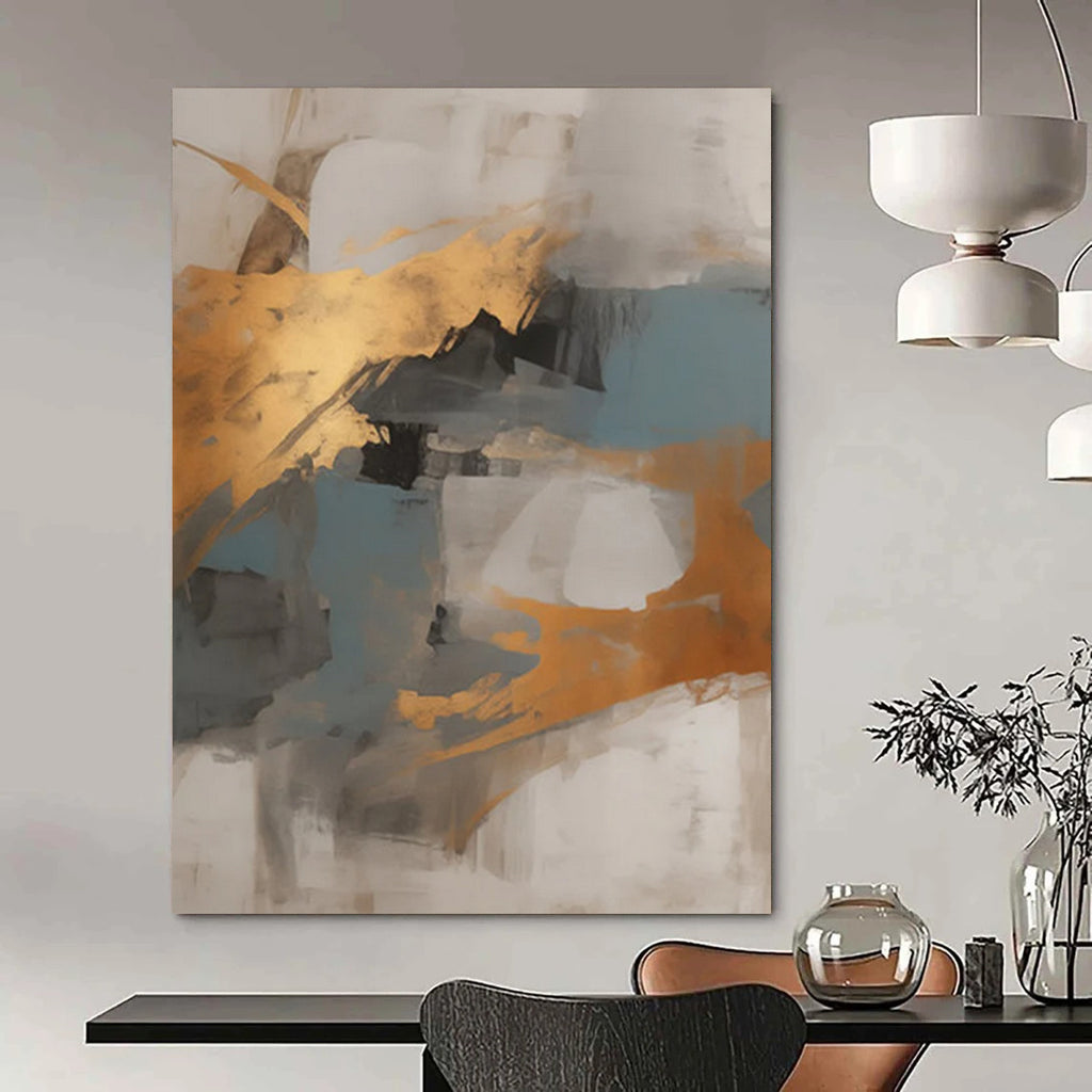 “Gold & Blue Abstract” - Warm Metallic & Cool Tones Painting On Canvas DS136