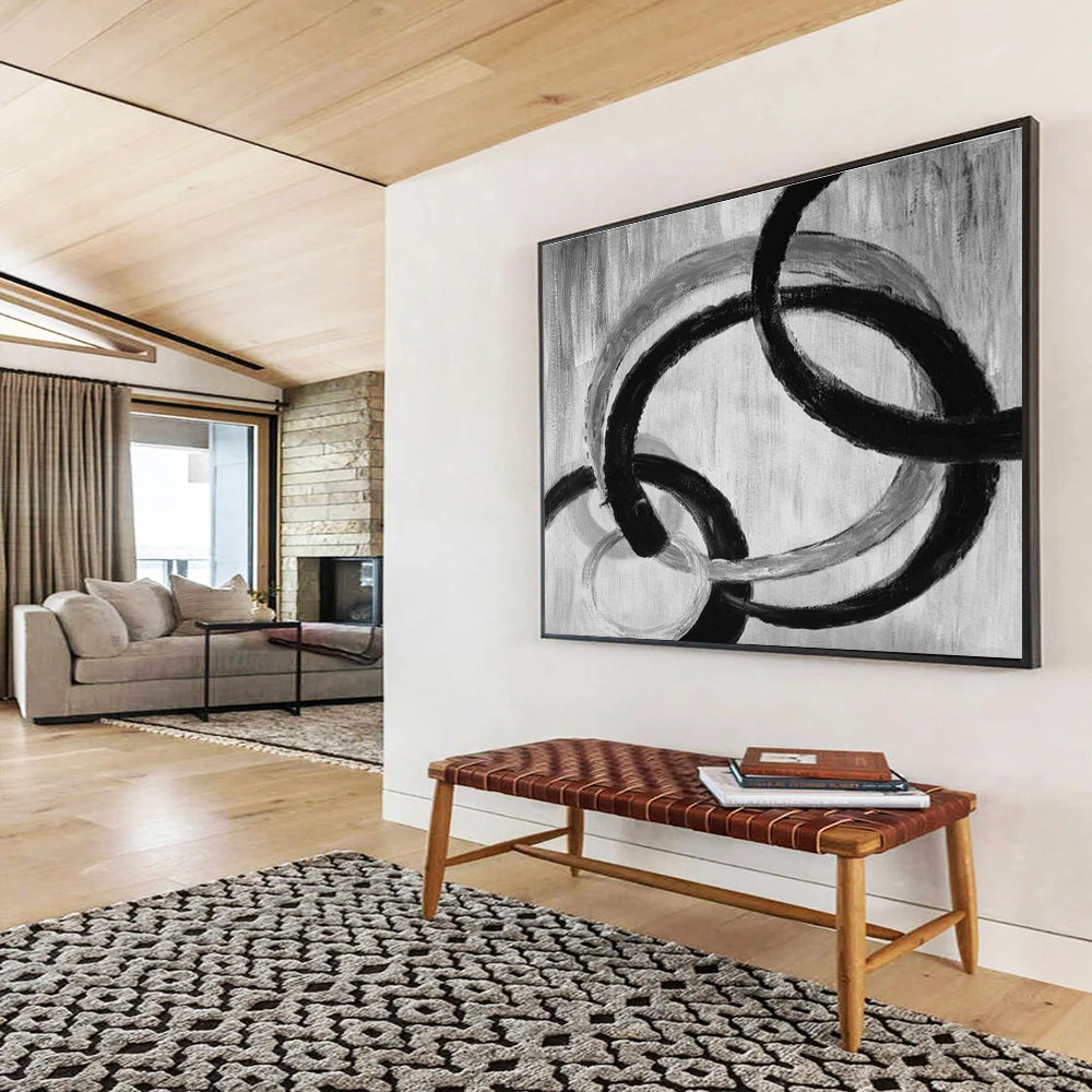 Monochrome Intertwined Rings Abstract Painting On Canvas DKS175