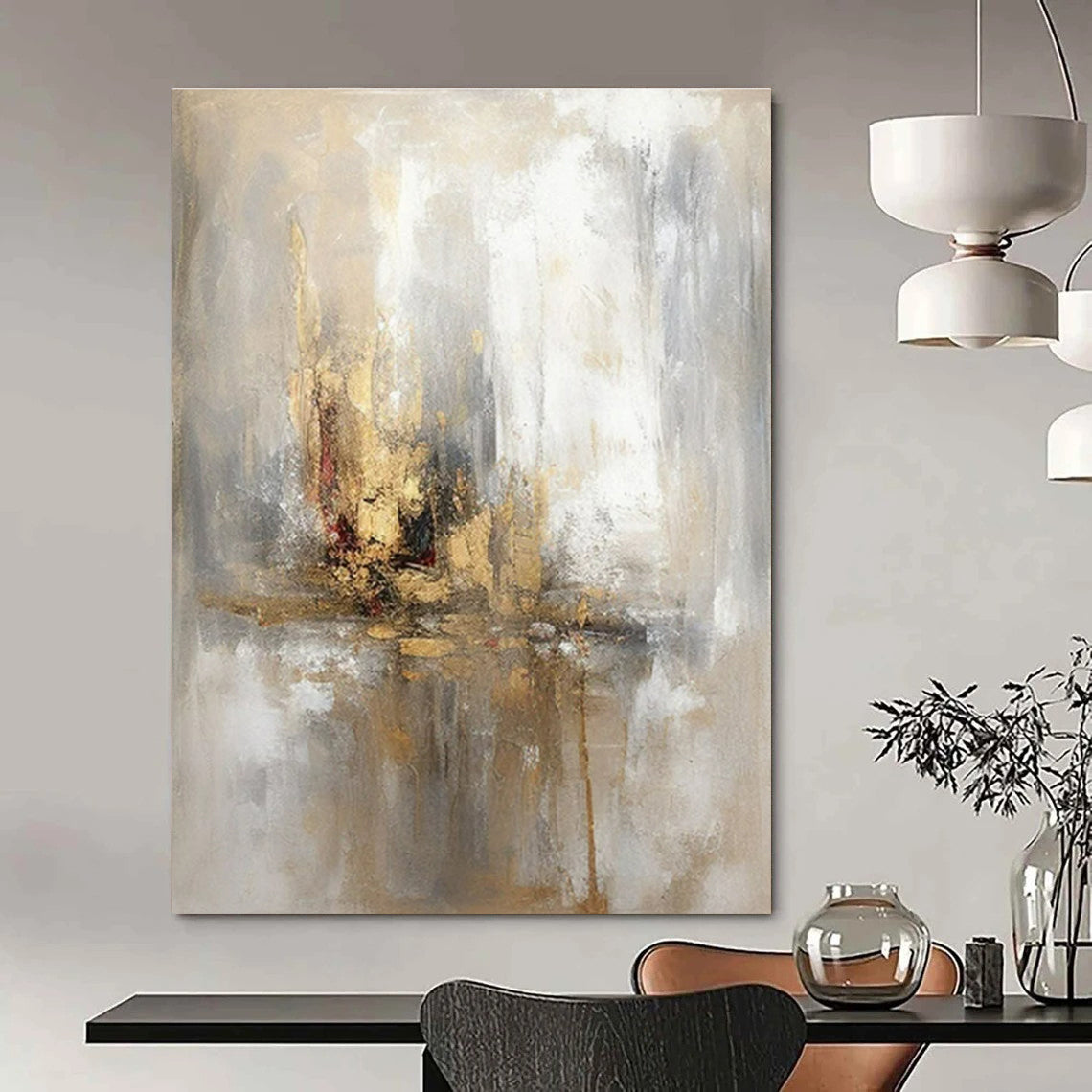 Gray, Gold, White with Muted Strokes "Elegant Haze" Abstract Painting On Canvas PS1463