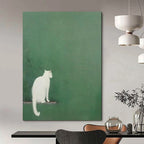 “Minimalist White Cat on Green” - Minimalist Animal Painting On Canvas PT1937