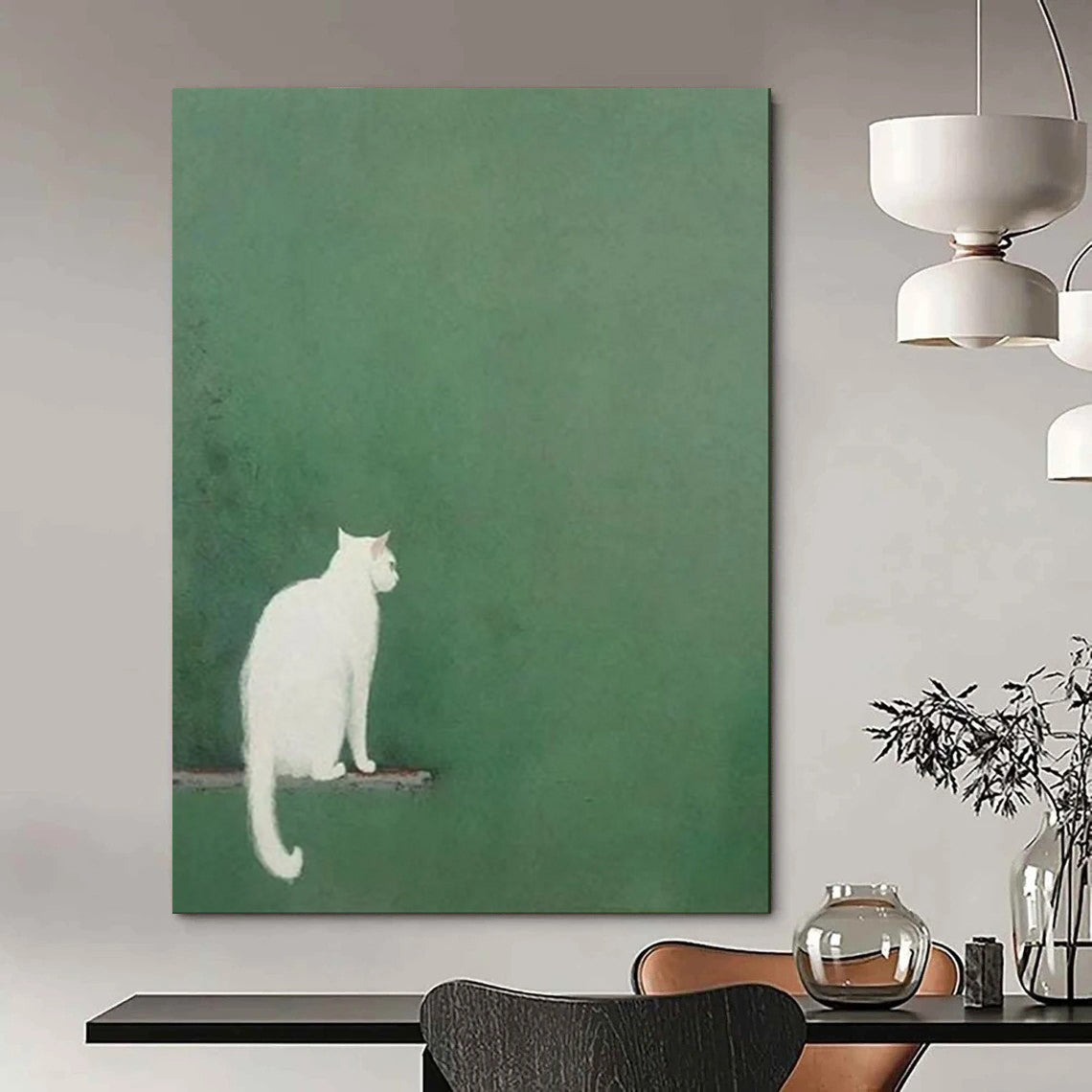 “Minimalist White Cat on Green” - Minimalist Animal Painting On Canvas PT1937