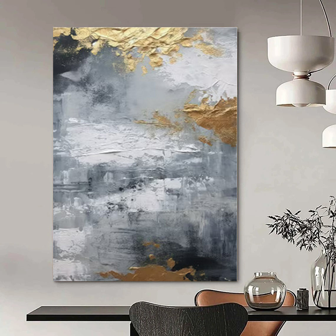 Gray, Gold, White with Textured Abstract "Textured Gilding" Abstract Painting On Canvas PS1261