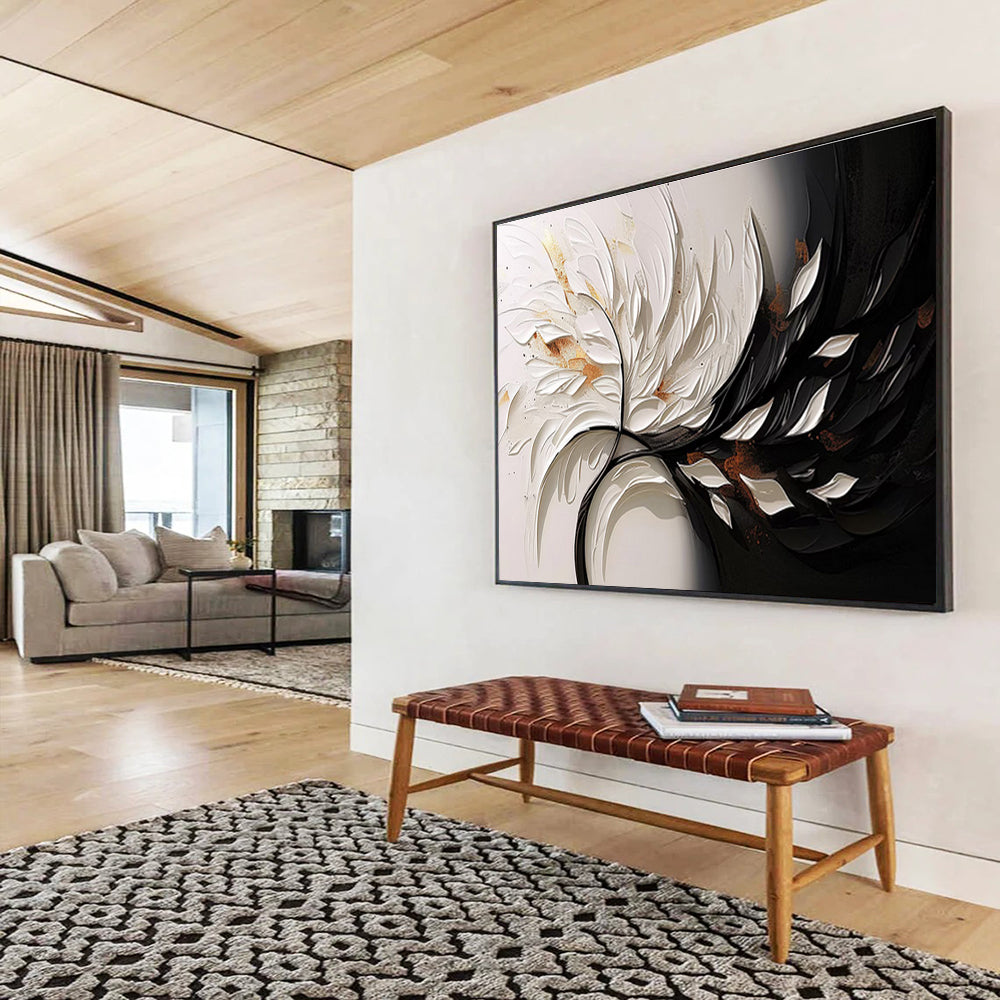 “3D Floral Contrast” - White, Black & Gold Floral, Textured Mixed - Media Painting On Canvas DKS746