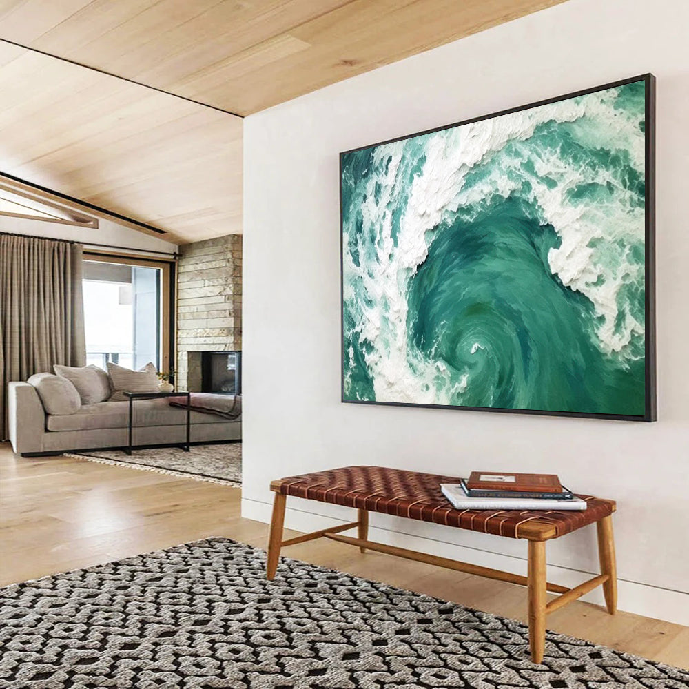 “Turquoise and White Ocean Swirl” - Impasto Marine Painting On Canvas PT064