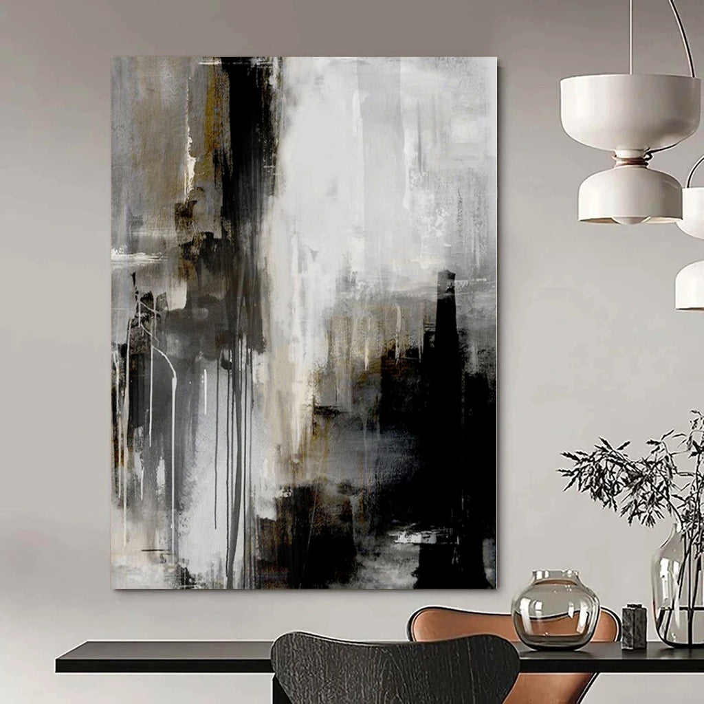 Gray, Black, White and Gold with Dripping Effects "Urban Drizzle" Abstract Painting On Canvas PS1130