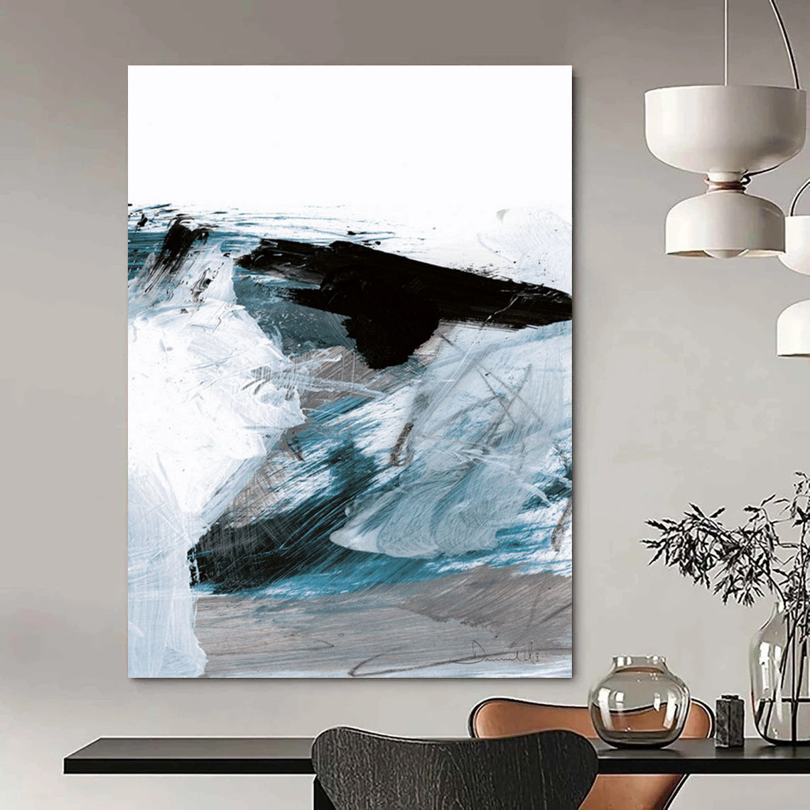 “Dynamic Blue & Black Layers” - Shades of Blue with Bold Black Accents Painting On Canvas DS220