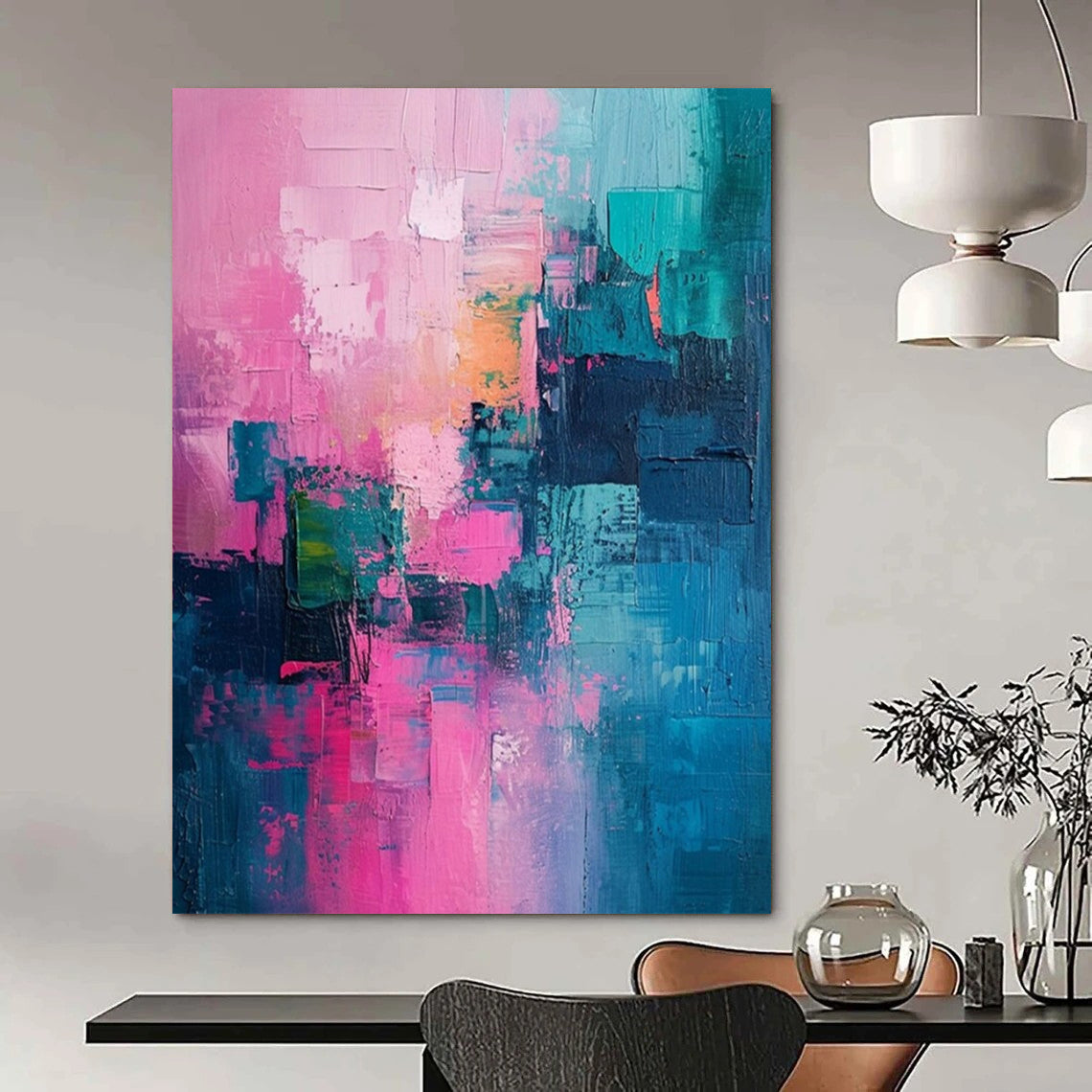 Pink, Teal, Gold, and Blue Patchwork, "Vibrant Mosaic" – Colorful Abstract Painting On Canvas PS1012