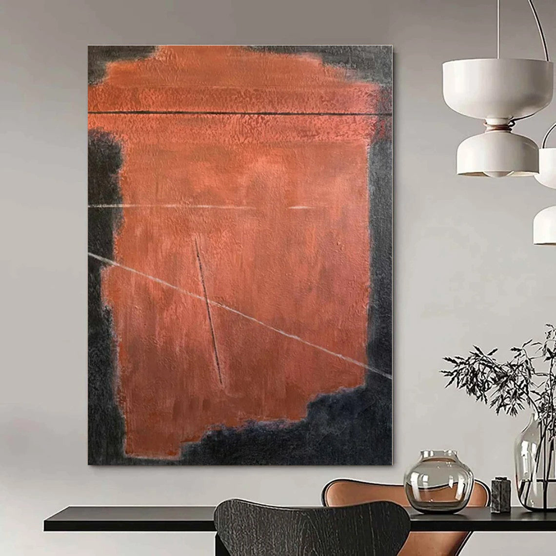 Black, Red with Minimalist Lines "Bold Simplicity" Abstract Painting On Canvas PS1320