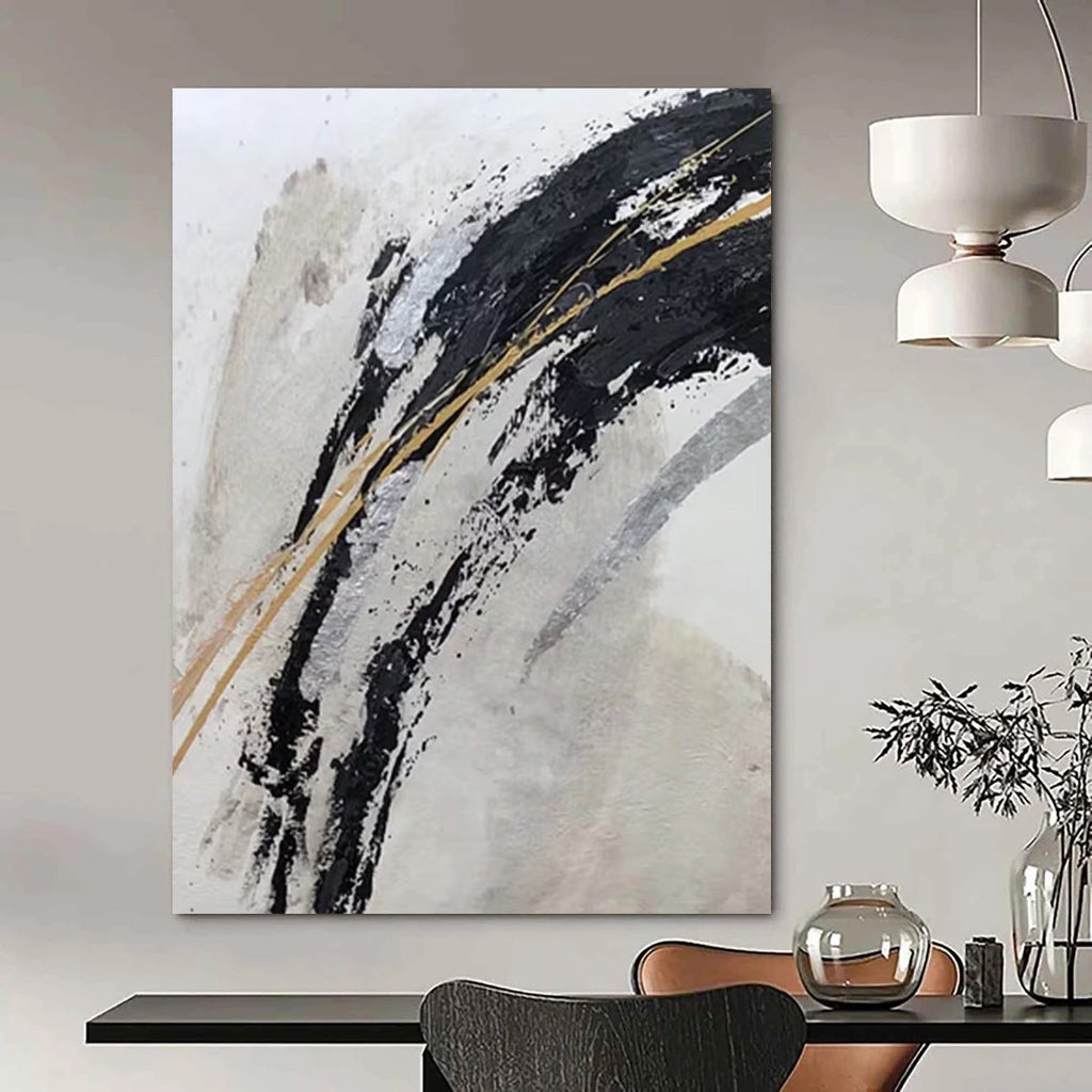 “Black, Gold & Silver Abstract” - Dramatic Contrast with Metallic Shimmers Painting On Canvas DS249