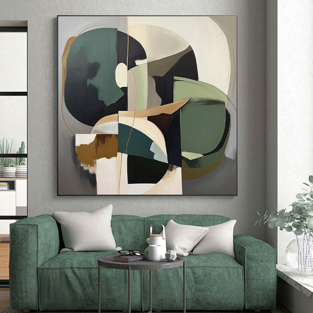 “Green - Gray Abstract Geometry” - Green, Gray, Neutral Tones Abstract Geometric Painting On Canvas PS0739