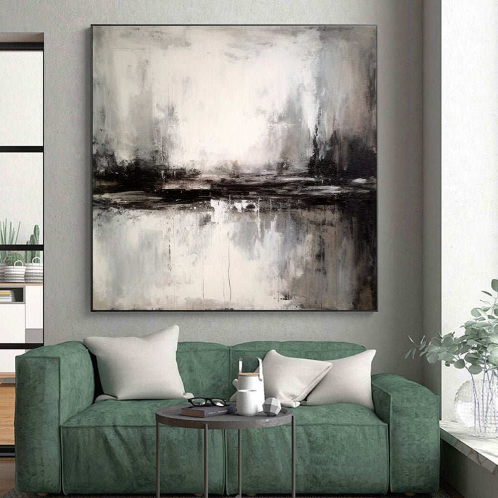 “Monochrome Mist Reflection” - Black, White, Gray Abstract Landscape Painting On Canvas PS0623