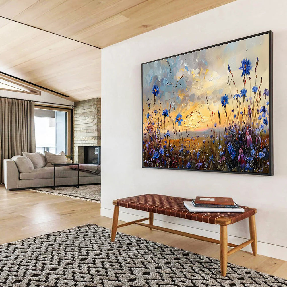 “Blue Wildflower Sunset” - Orange, Blue & Purple Floral, Impressionistic Field Painting On Canvas DKS698