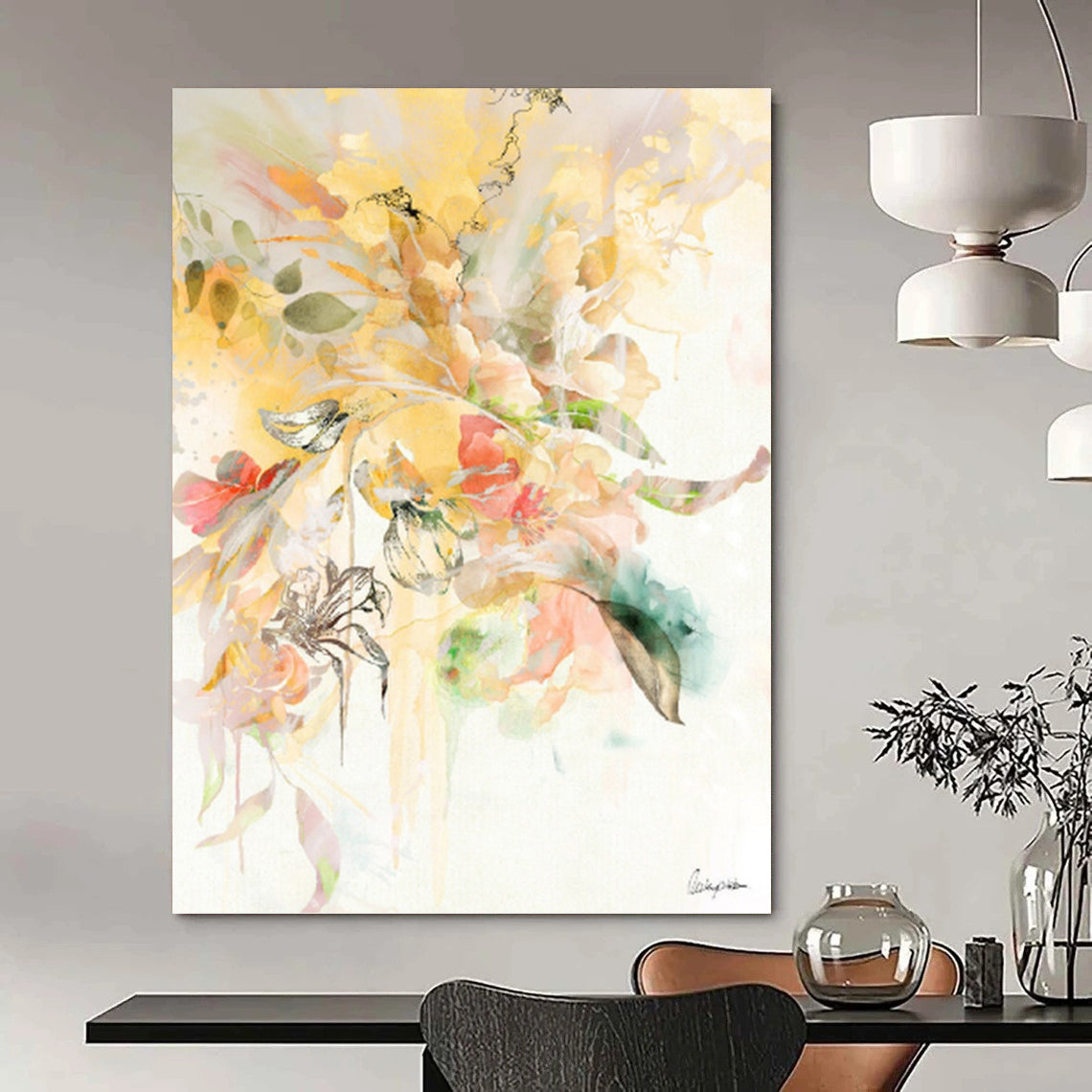 “Yellow - Pink Floral Splash” - Vibrant Floral Abstract Painting On Canvas PT1087