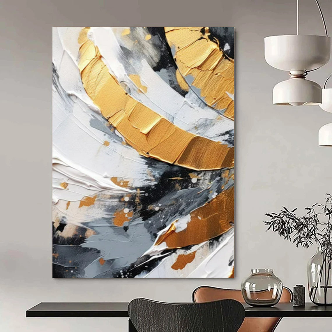 Gold and Gray Impasto Swirls - Textured Metallic Abstract Painting On Canvas PS1243