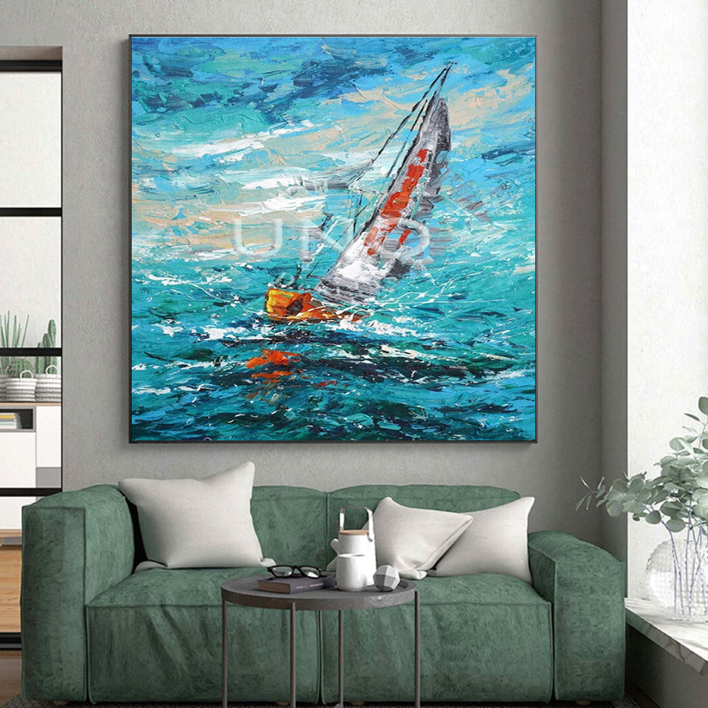 Impasto Sailboat on Blue Sea, "Sailing Impression" – Impressionistic Seascape Painting On Canvas PS0915